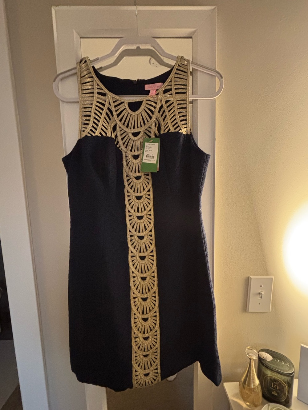 Lilly Pulitzer Navy Mini Dress with Gold Crochet Trim